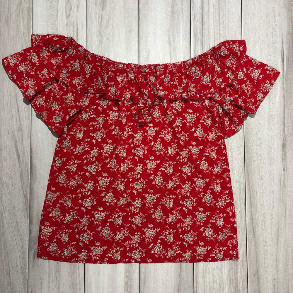 Suzanne Betro Red Floral Off The Shoulder Ruffle Top Medium Cottagecore Boho